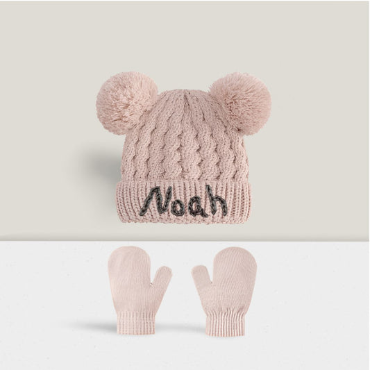 Personalized Warmth: Custom Kids' Double Pompom Hat with mittens 3pcs 1-4T one size