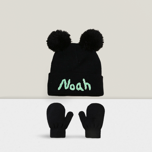 Personalized Warmth: Custom Kids' Double Pompom Beanie with mittens 3pcs 1-4T one size